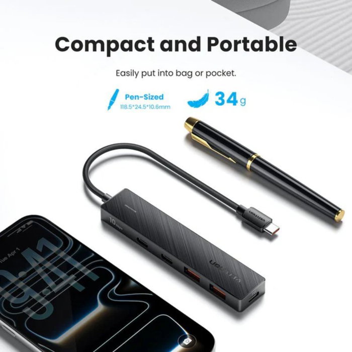 Vention Hub USB Tipo-C 3.2 CKDbb con 2x USB-A, 2x USB-C y 1x USB-C PD